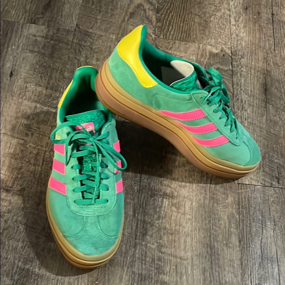 Adidas Gazelle Bold Sneakers - Green Suede with Pink Stripes